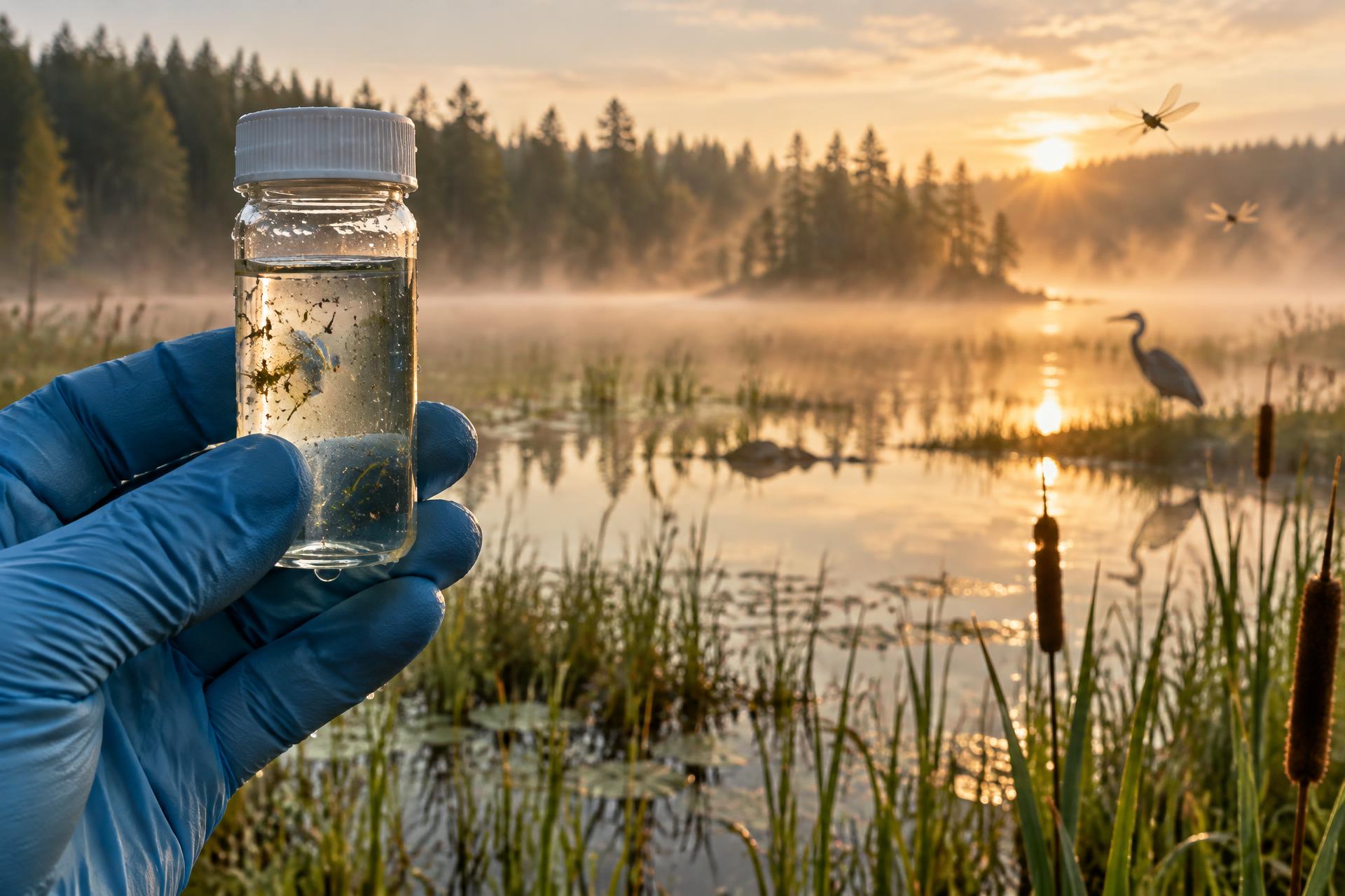 A gloved hand holding a vial of lake water at a misty wetland shoreline