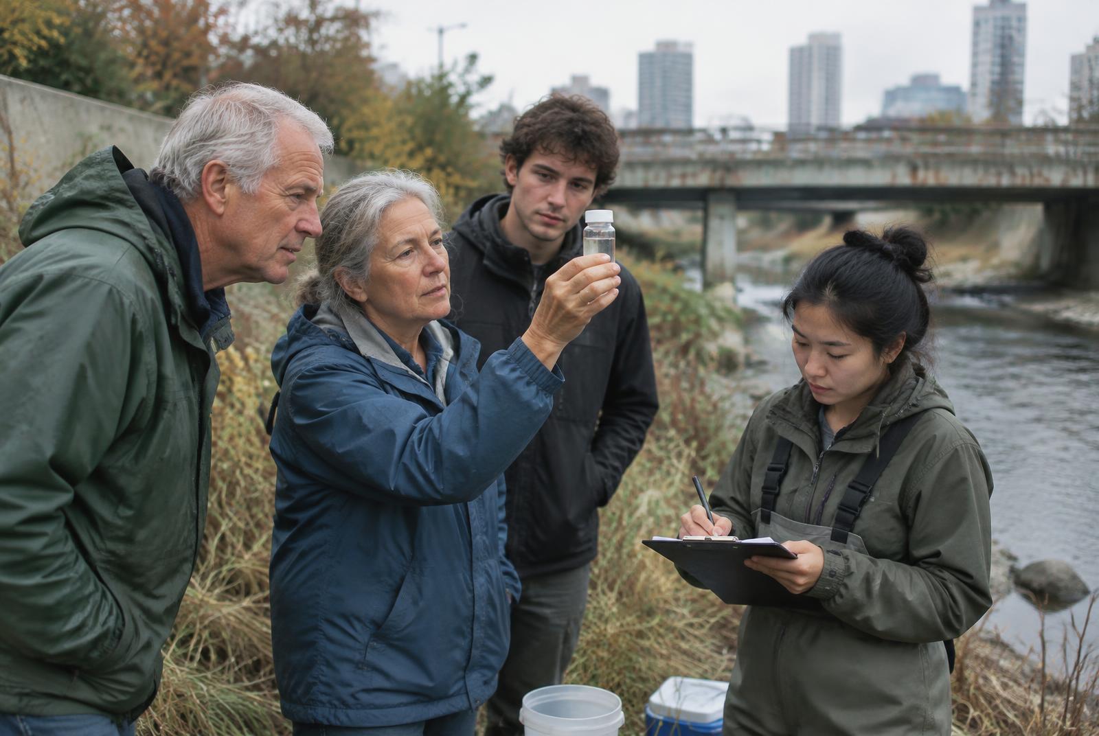 Volunteers sampling water together at an urban creek